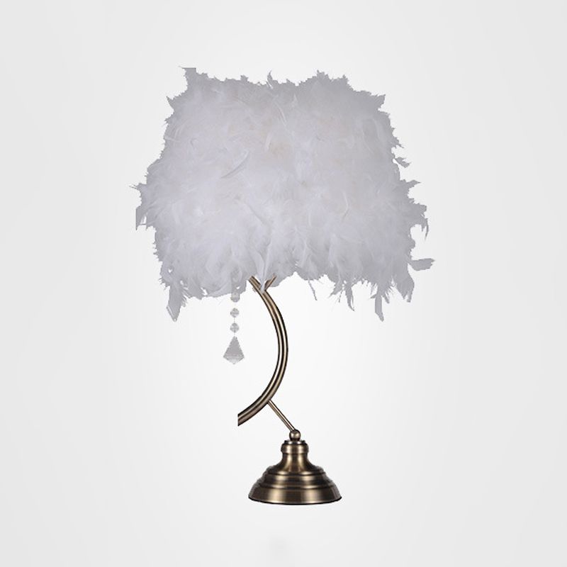 White/Pink Tapered Table Lamp Contemporary 1 Head Feather Nightstand Light with Crystal Drop