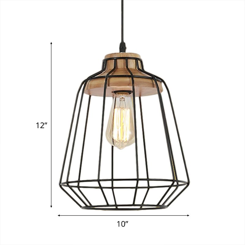 1 Head Hanging Pendant Light with Barrel/Cylinder Cage Shade Metal Retro Style Bedroom Hanging Lamp in Black