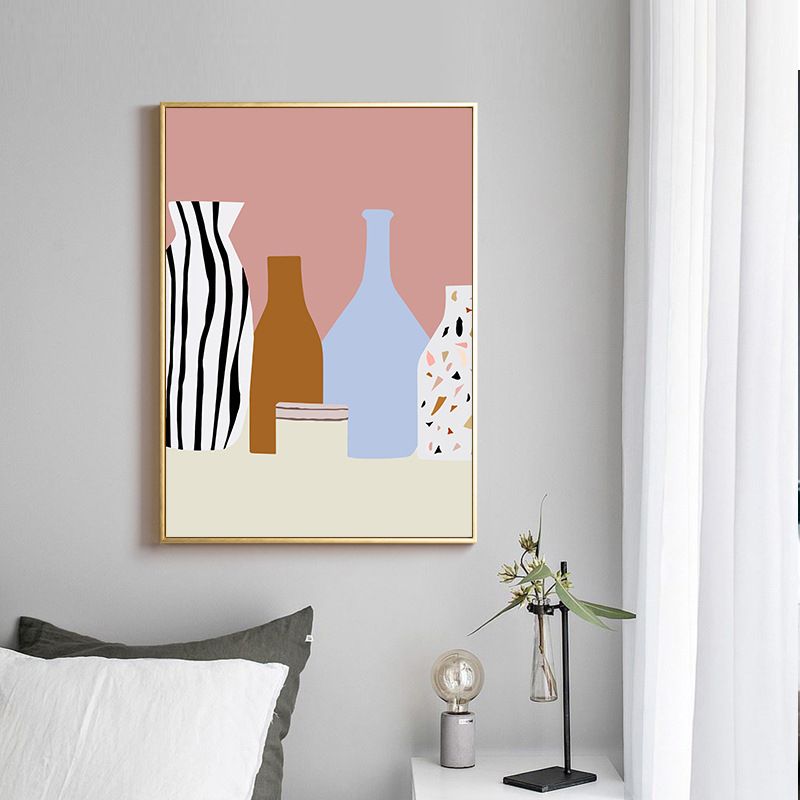 Still Life Bottles Drawing Canvas Nordic Textured Wall Art Print in Pastel Color