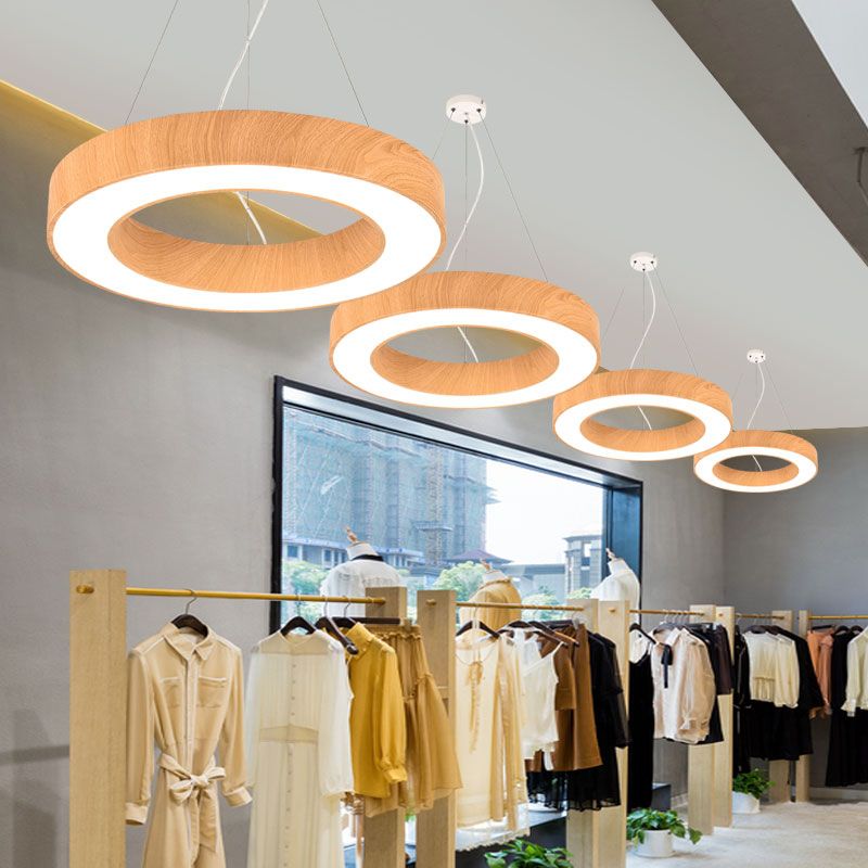 Light Wood Circle Pendant Lamp Minimalistic Metal LED Chandelier for Meeting Room