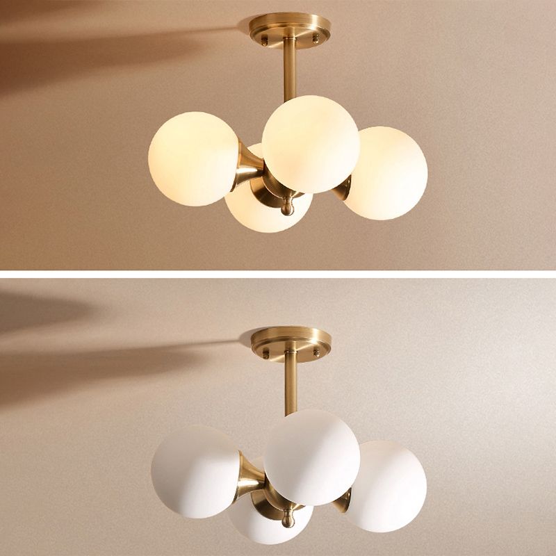 Modern Brass Semi Flush Mount Light 4-Light Sphere Glass Semi Flush Ceiling Light for Bedroom