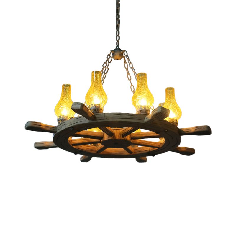 8 Lights Chandelier Lighting Coastal Corridor Wood Rudder Pendant Light Kit with Vase Yellow Crackle Glass Shade