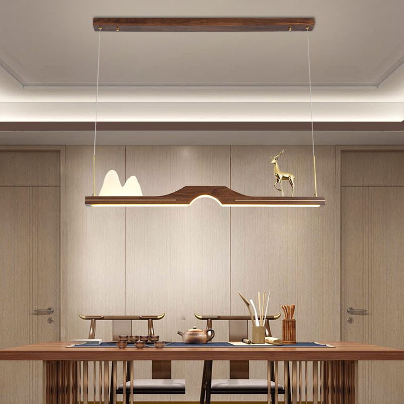 Dark Wood Linear Island Light Artistic Modern LED Suspension Light for Study Room