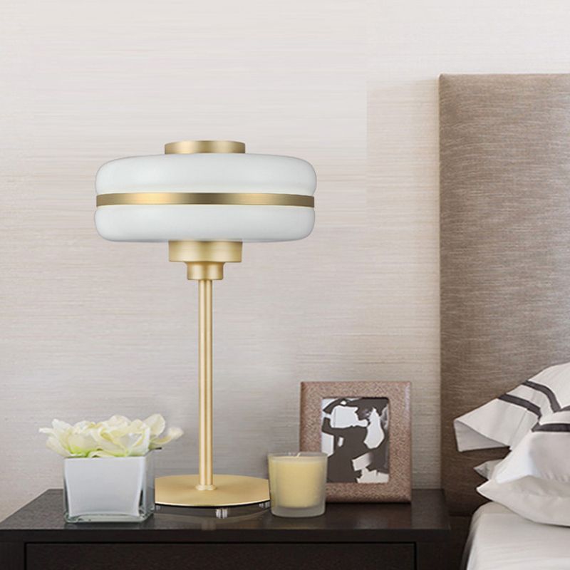 Postmodern Single-Bulb Night Lamp Gold Cylinder/Ball/Tapered Plug-in Table Light with Frosted White/Clear Glass Shade