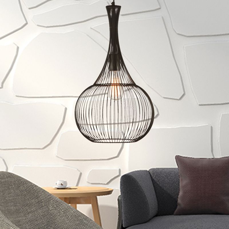 1-Light Teardrop Cage Hanging Pendant Light Industrial Black Iron Ceiling Lighting for Living Room