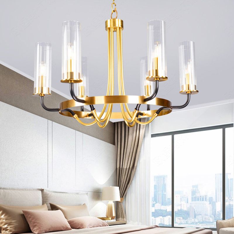 Postmoderner Metallhänge Kronleuchter helles klares Glasschatten Deckenkraut in Gold für Wohnzimmer