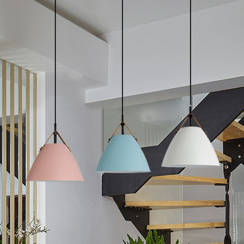 Macaron Conical Pendant Lamp Metallic 1 Head Dining Room Ceiling Light with Acrylic Diffuser and Leather Strap