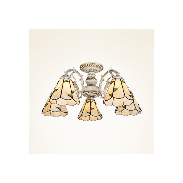 Lumière semi-affleurante conique vintage Vétonnage tachée 3/5 têtes Fleur de plafond Light en laiton blanc / antique pour le foyer