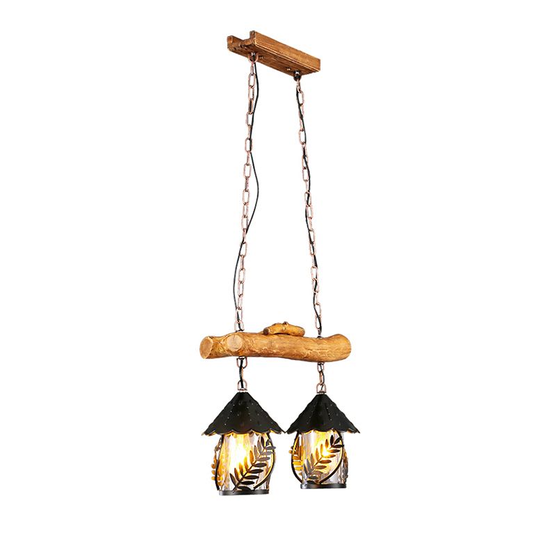 Nautical Lantern Ceiling Chandelier Clear Glass Pendant Light Kit with Leaf Pattern in Wood