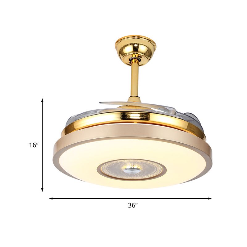 Circle Bedroom Semi Flush Mount Minimalist Metal LED Gold Hanging Fan Lighting with 4 Clear Blades, 36"/42" Width