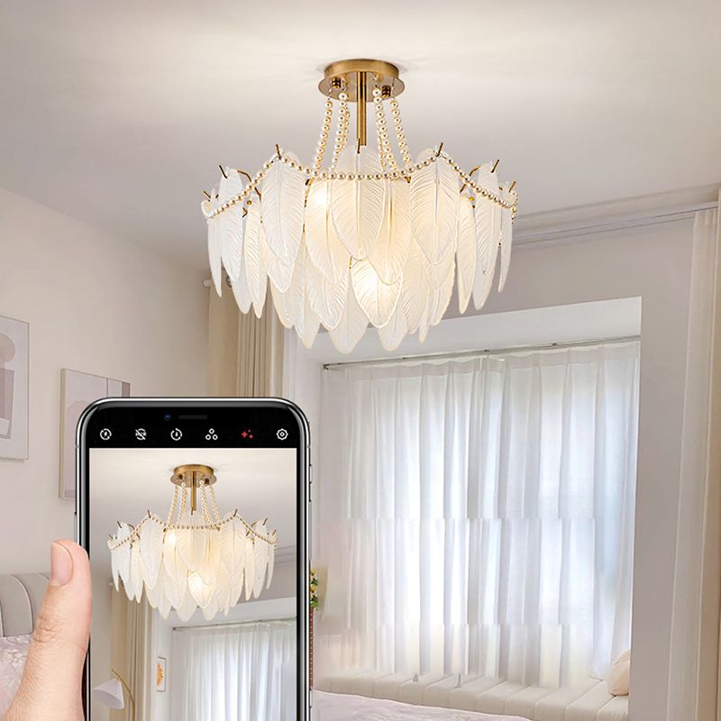 Modern Metal Flush Mount Feather Shape Ceiling Light with Glass Shade for Living Room