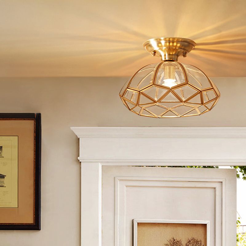 Colonial Style Traditional Flush-mount Light Brass Body Transparent Glass Mini Lighting Fixture for Aisle Corridor