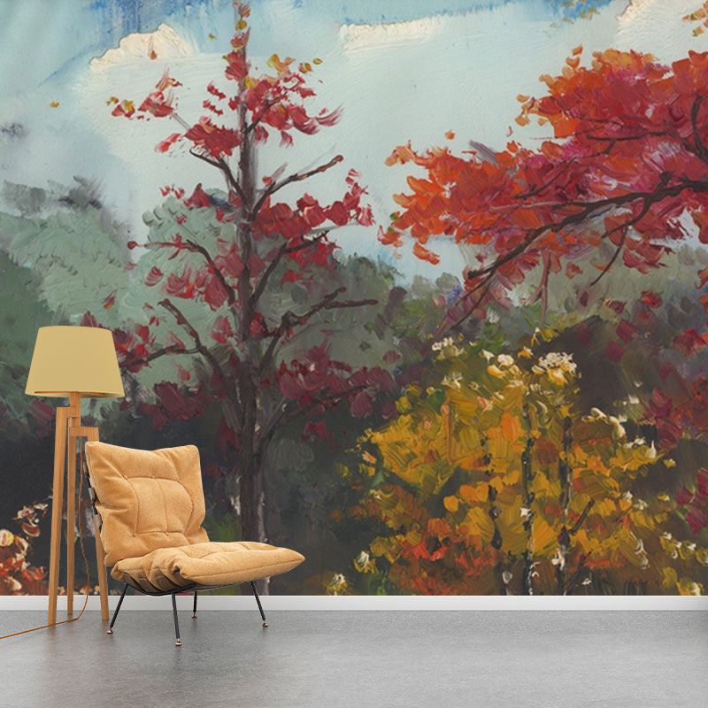 Classic Fall Trees Wallpaper Murals Non-Woven Waterproof Red-Yellow-Green Wall Decor for Home