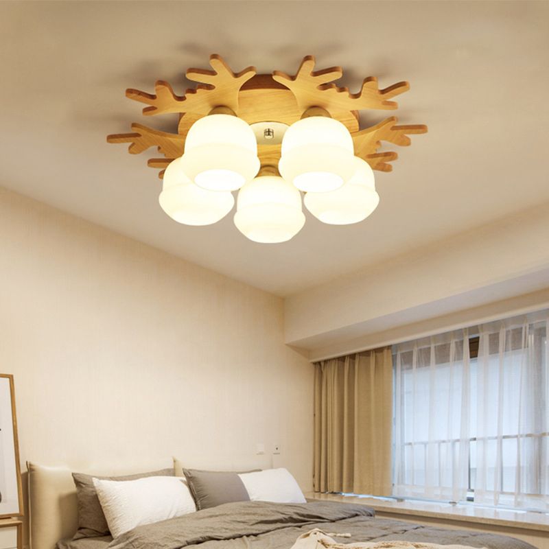 Modern Style Ball Shape Flush Mount Wood Ceiling Light for Bedroom