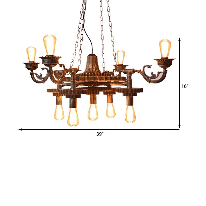 9 Lights Ceiling Light Vintage Exposed Bulb Metal Hanging Chandelier in Bronze for Dining Room with Gear