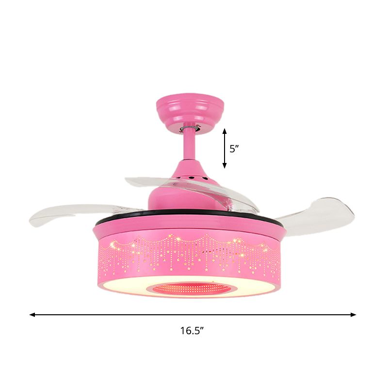 14"/16.5" W Modern LED Fan Lighting Pink/Blue/Green Drum 4 Blades Semi Flush Light with Acrylic Shade, Remote Control