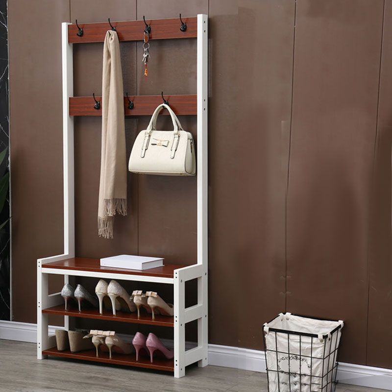 Traditional Coat Rack Free Standing Solid Wood Hall Stand with Shoe Storage Bench