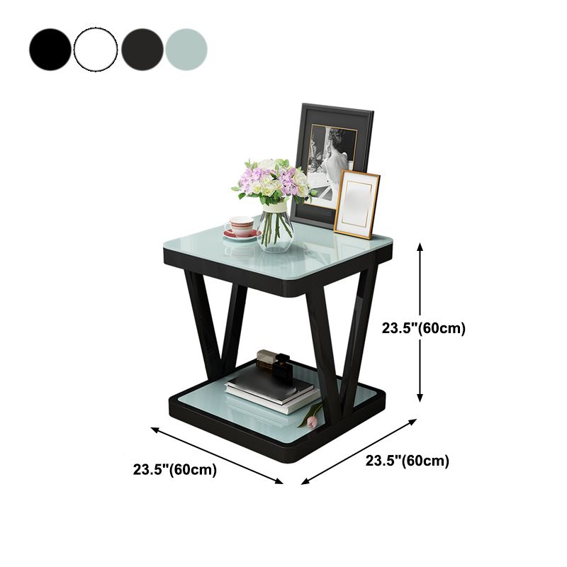 Glass Top Night Table Open Storage Steel Modern 2-Shelf Nightstand in Black/White