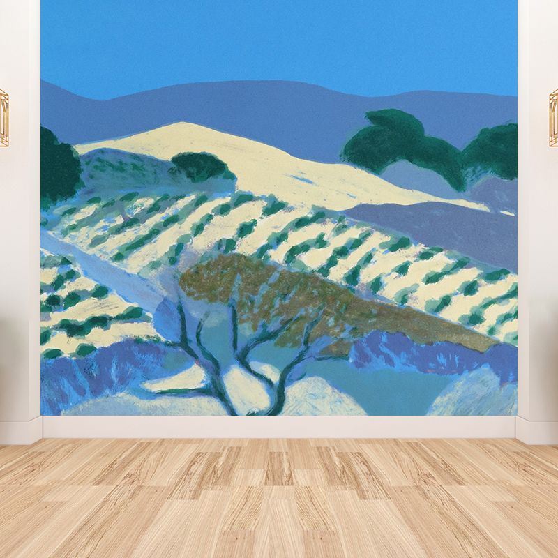 Contemporary Art Hills Landscape Wall Mural Blue Stain-Proof Wall Covering for Kitchen
