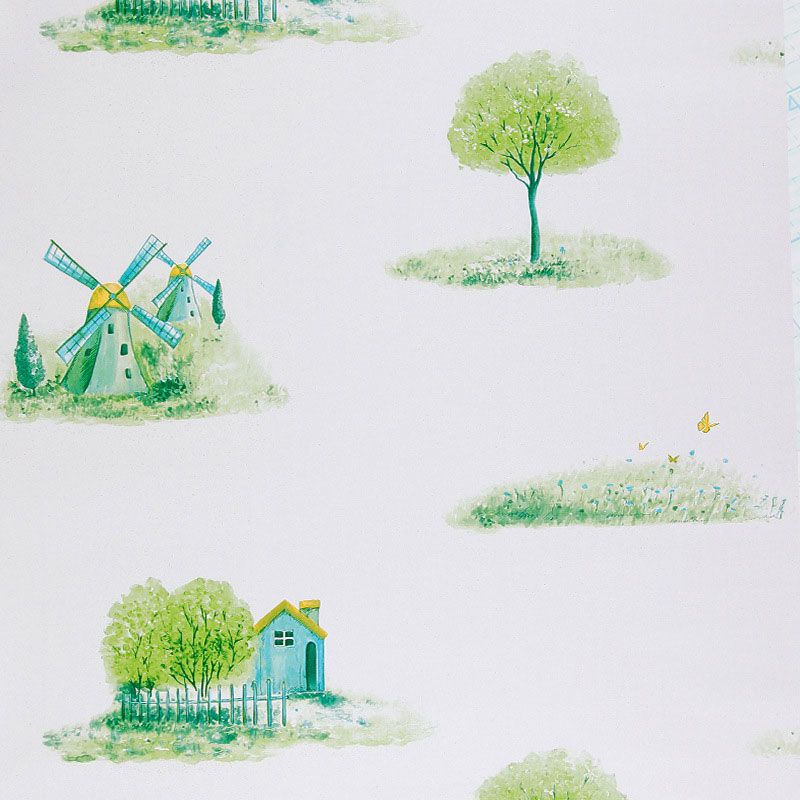 Kid's Bedroom Wallpaper with Green and White Windmill and Tree Design, 77.5 sq ft., Easy to Remove