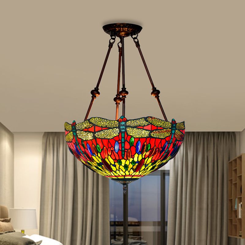 Dragonfly Red/Orange Cut Glass Semi Flush Mount Tiffany Style 2 Lights Bronze Ceiling Fixture for Living Room