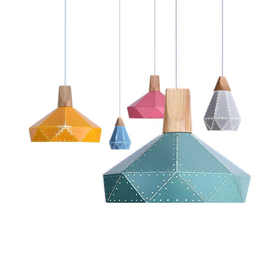 Restaurant Diamond Shaped Ceiling Light Metal & Wood Macaron Style Blue/Green/Pink/Yellow Pendant Lighting