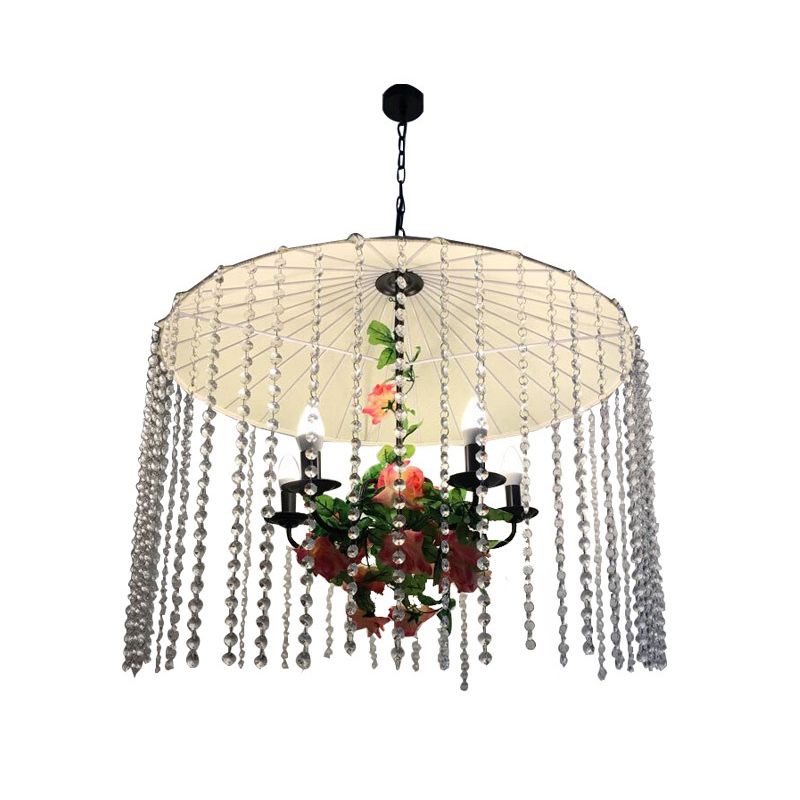 Umbrella Shade Ceiling Light Industrial Crystal Strand 5 Lights White Chandelier Light for Restaurant