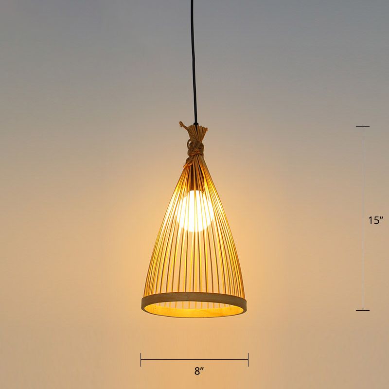 Conical Restaurant Drop Pendant Bamboo 1 Head Minimalist Hanging Ceiling Light with Cage Design