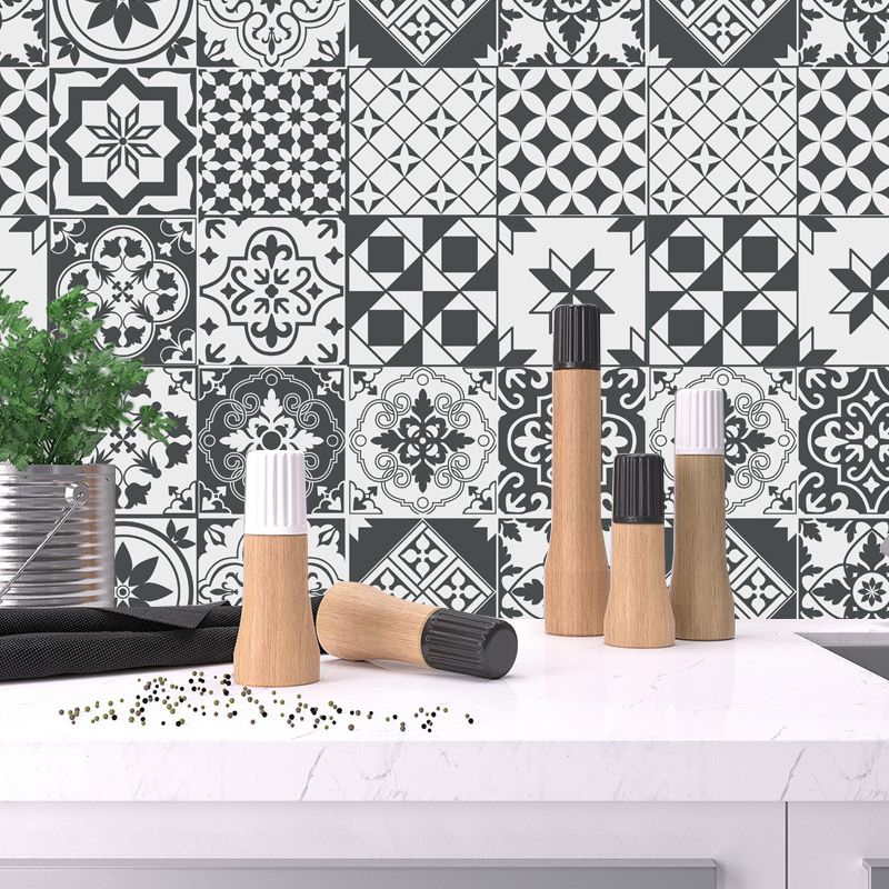 Bohemia Flower Tile Wallpaper Panel Black-White Self Adhesive Wall Art for Kitchen