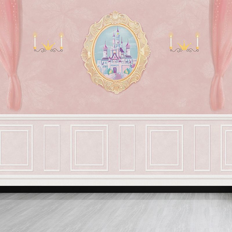 Whole House Interior Wall Mural Cartoon Drawing Candlestick and Drapes Wall Art in Pink