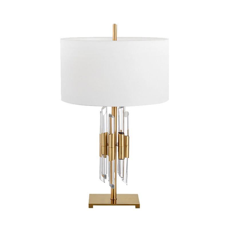 Fabric Cylinder Desk Lamp Modern 1 Head White Table Light, Rectangle Gold Metal Base