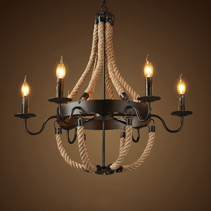 Industrial Candelabra Pendant Chandelier 6 Lights Rope Hanging Ceiling Light in Black with Metal Circle Design