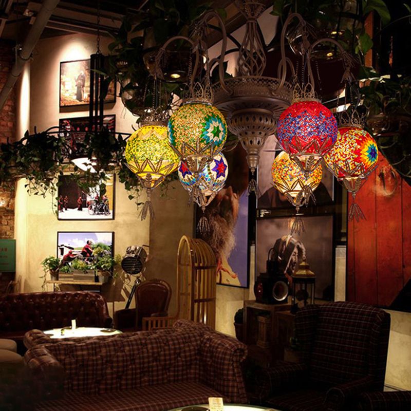 6 Lights Globe Hanging Chandelier Moroccan Brass Cut Glass Suspension Pendant for Dining Room