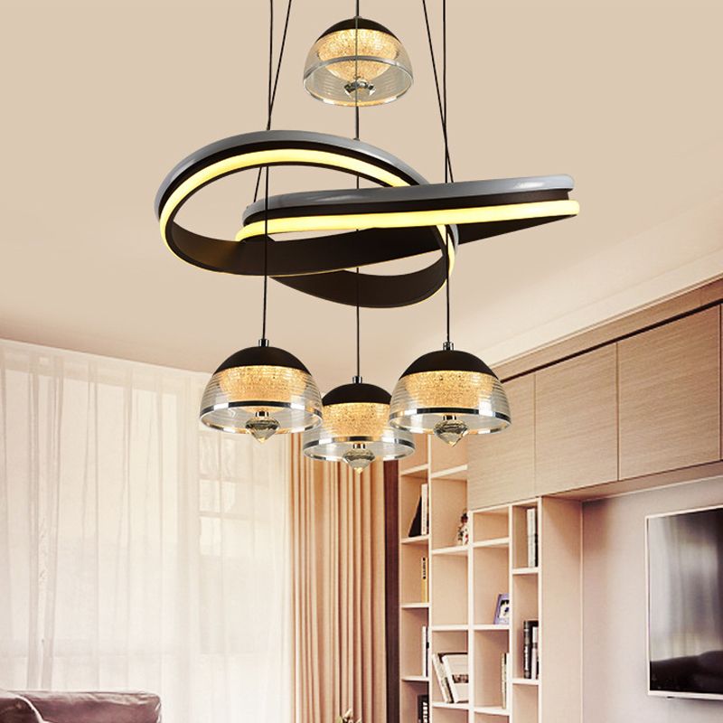 Domed Dining Room Cluster Pendant Acrylic 4 Heads Modernism LED Hanging Ceiling Light in Black with Strip Beam