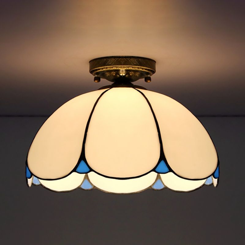 Vintage Scalloped Flush Light Stained Glass 1 Light Flush Mount Light in White/Beige/Blue/Clear/Blue and Clear for Living Room