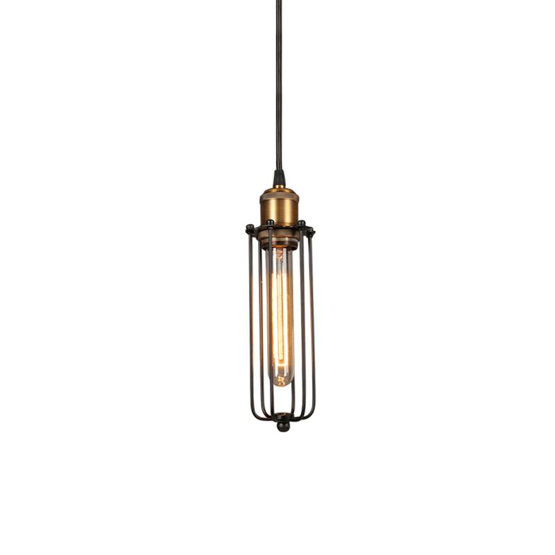 1 Head Tubed Pendant Lighting with Cage Shade Industrial Brass Finish Metal Hanging Ceiling Light