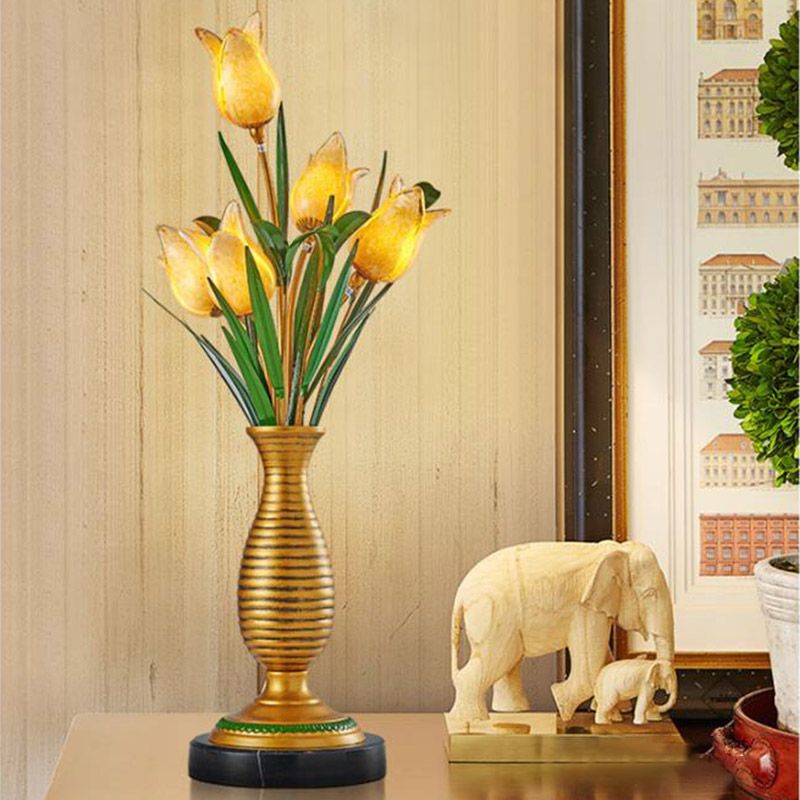 Gold Tulip LED Table Lamp American Garden Metal 5 Lights Living Room Nightstand Light