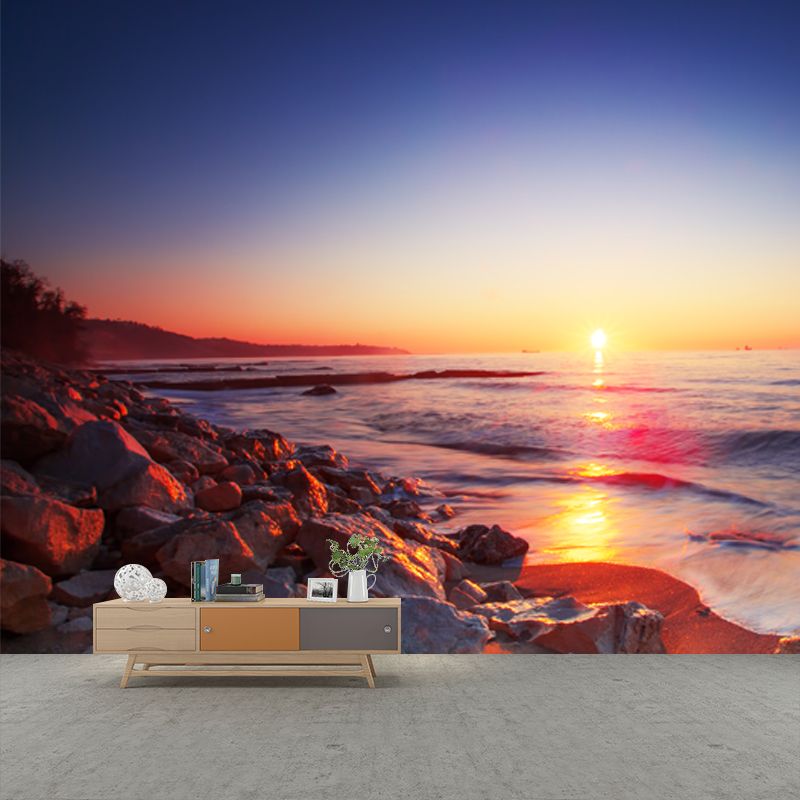 Purple Tropical Wall Paper Mural Full-Size Sundown Rocky Coast Wall Decor for Bedroom