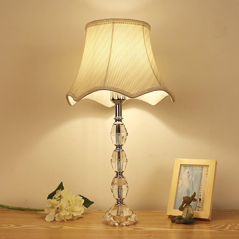 1-Light Bedroom Night Table Light Minimalism Beige Crystal Nightstand Lamp with Scalloped Fabric Shade