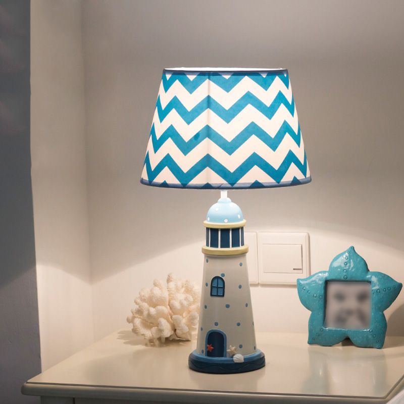 14"/18" Wide Cone Table Lighting Cartoon Style Fabric 1 Light Blue/White Stand Up Lamp with Resin Tower Base