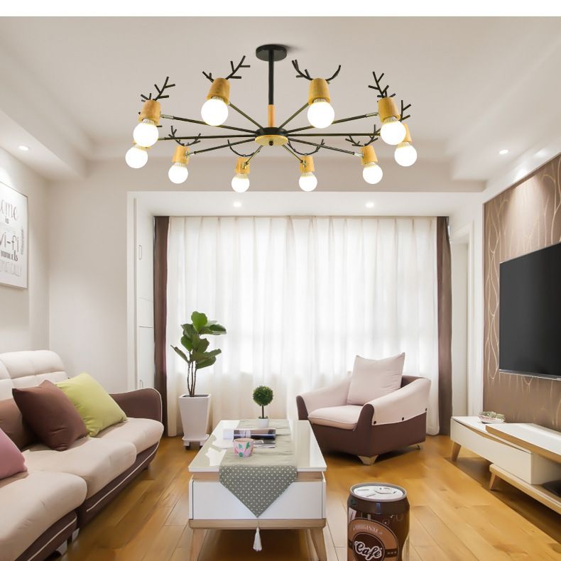 Moderno lampadario a legna semplicità design a bulbo esposto camera da letto creativa luci sospese a sospensione con decorazione di corna