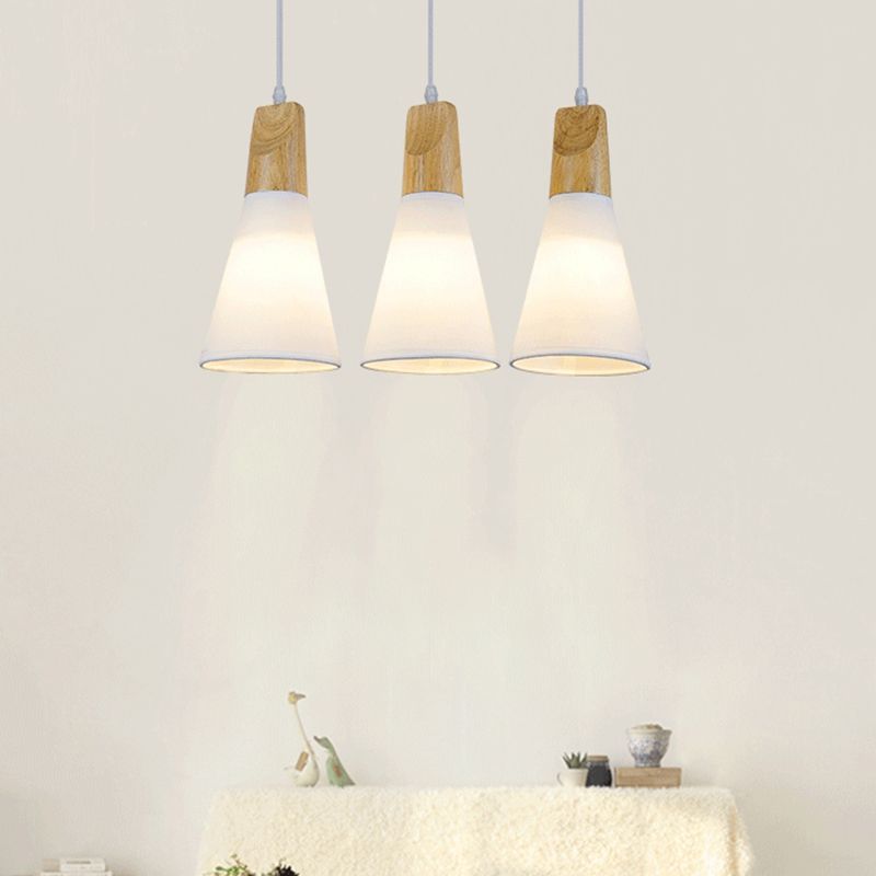 Tapered Suspension Light Simplicity Fabric 1-Light Dining Room Pendant Light Fixture with Wooden Top in White