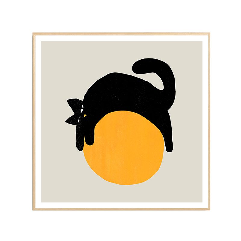 Cat on the Ball Canvas Print Nordic Style Textured Childrens Bedroom Wall Art in Yellow