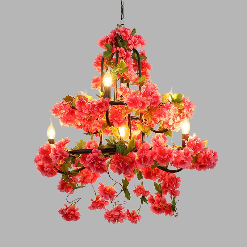 Cherry Blossom Restaurant lustre éclairage Vintage Metal 7 Lumières Rose rouge Suspension LED