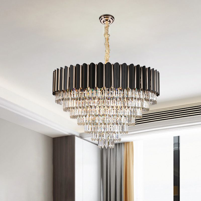 Faceted Crystal Round Shade Chandelier Light with Metal Sheet Modern Multi-Light Ceiling Pendant Light in Black