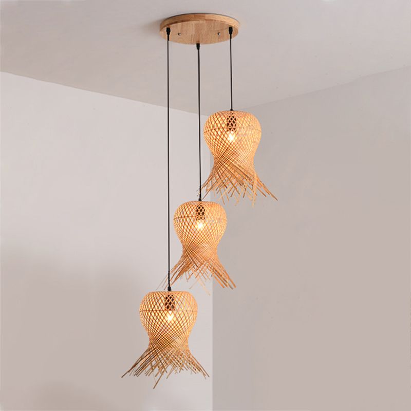 Unique Shade Hanging Lighting Modern Style Bamboo Multi Lights Hanging Lamp