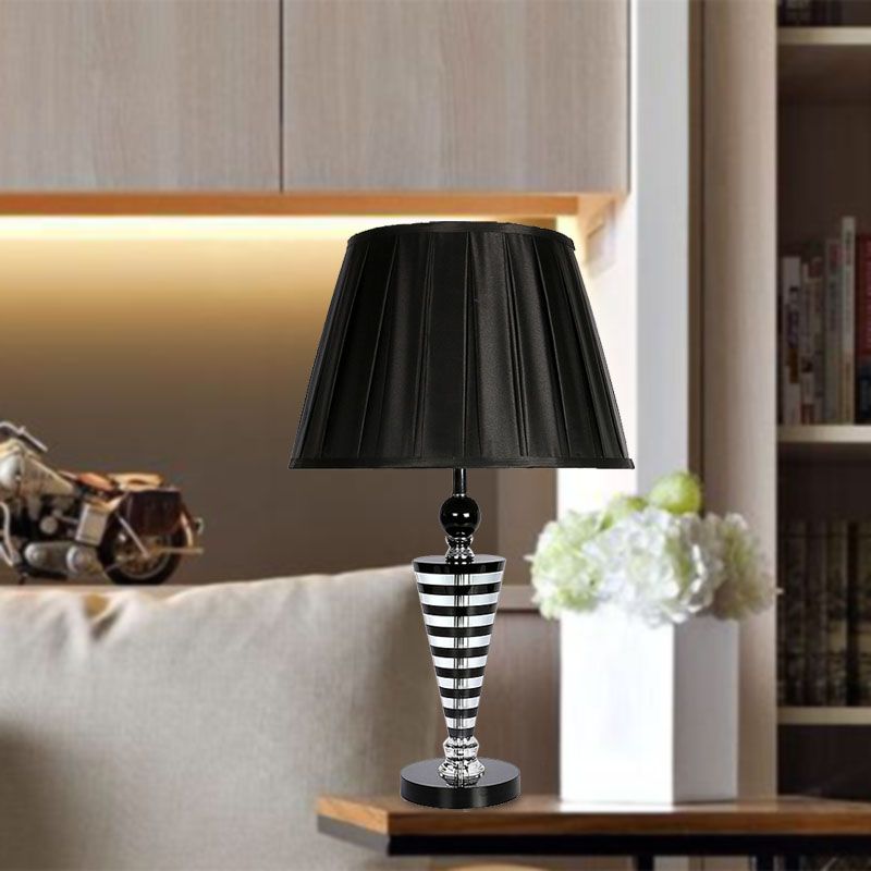 1 Light Crystal Night Lamp Countryside Black Conical Bedroom Nightstand Light with Fabric Shade