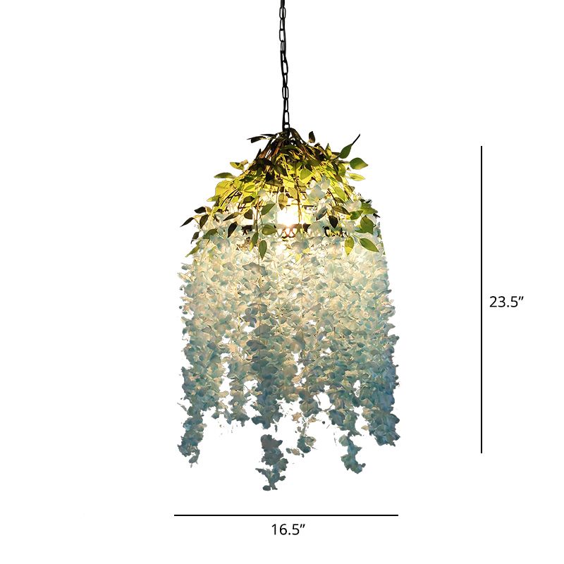 Round Metal Pendant Lamp Industrial 1 Head Dining Room Ceiling Light with Artificial Vines