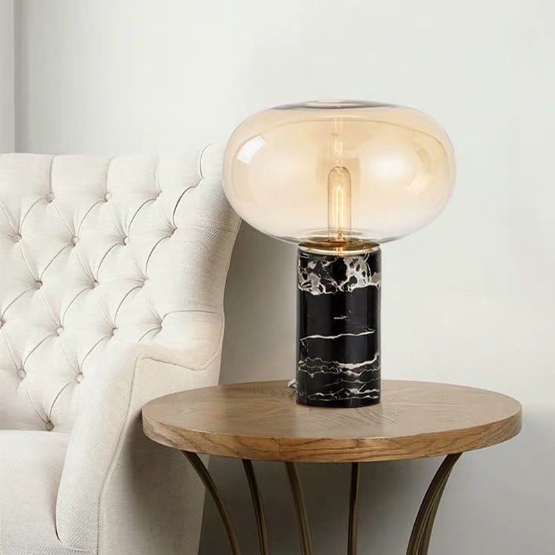 Ellipse Smoke Grey/Amber Glass Table Lamp Post-Modern 1-Light Black Nightstand Light with Cylindrical Marble Base