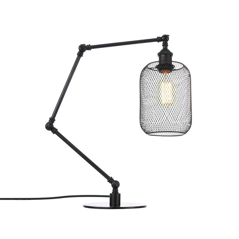 Metal Cylindrical Table Lighting Industrial Style 1 Light Black/Brass Finish Adjustable Table Light with Mesh Screen